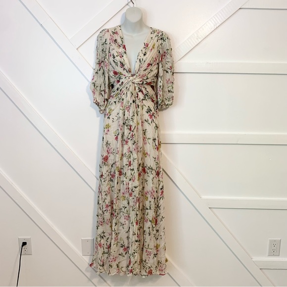 ML Monique Lhuillier Floral Print Pleated Chiffon Puff Sleeve Cutout Maxi Gown 2 - Picture 5 of 11